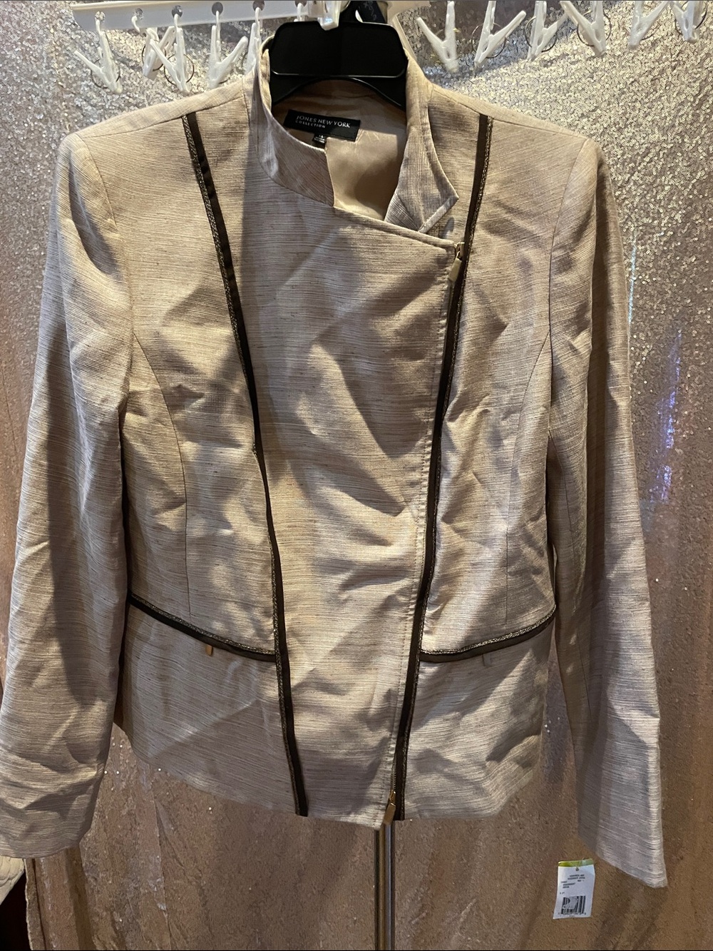 Jones New York Metallic Beige Blazer with Black Trim
